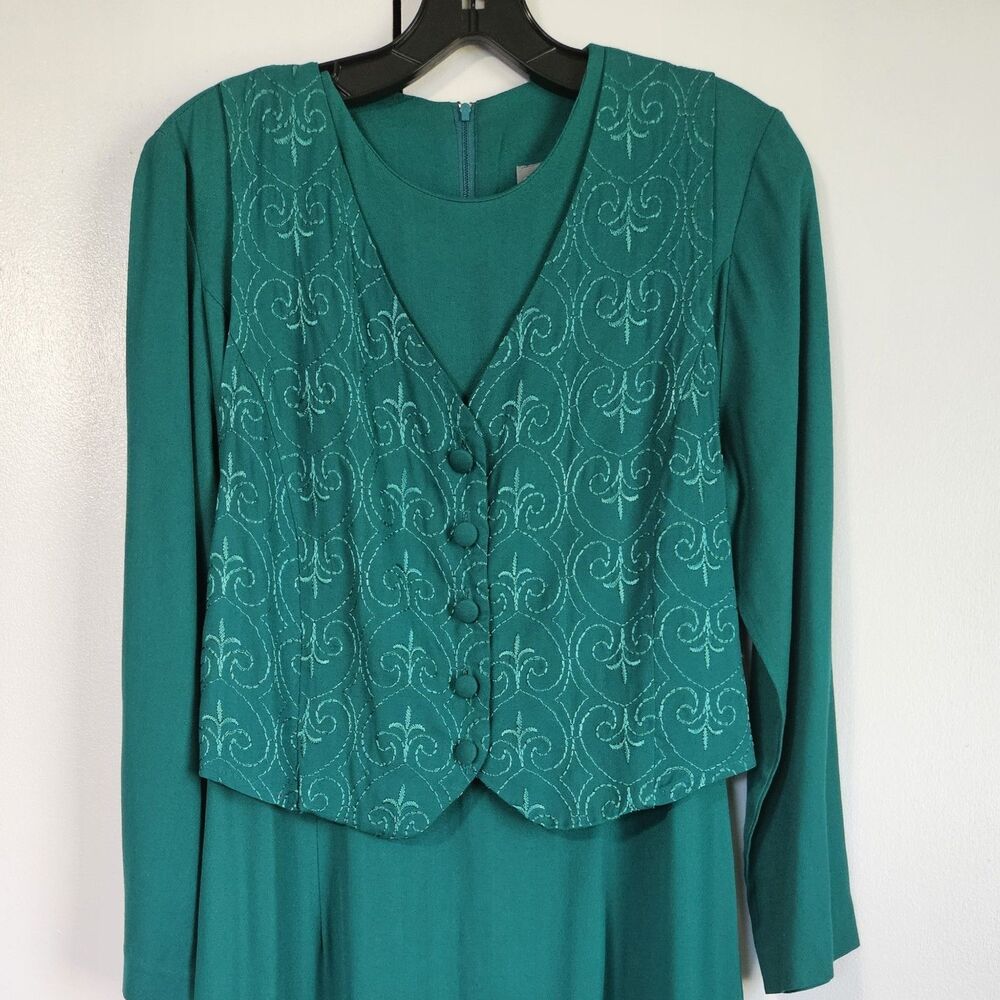 Vintage 80s Carol Anderson CA Green Dress 2Pc Embroidered Modest Women 8 USA